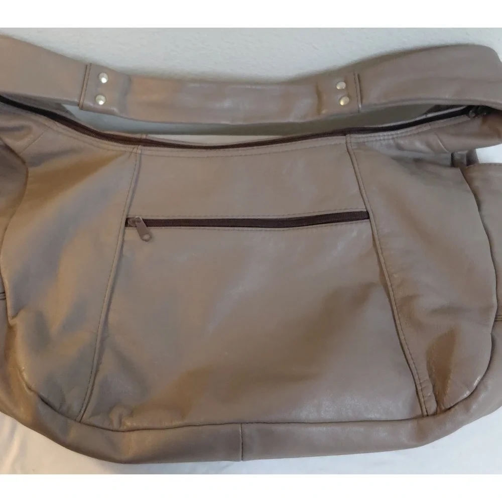 Vintage Genuine Leather Hobo Bag Taupe Gray Slouch Shoulder Purse Made in Mexico